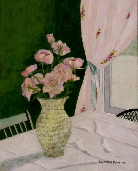 Vase of Silk Roses in Debbie's Tea Room